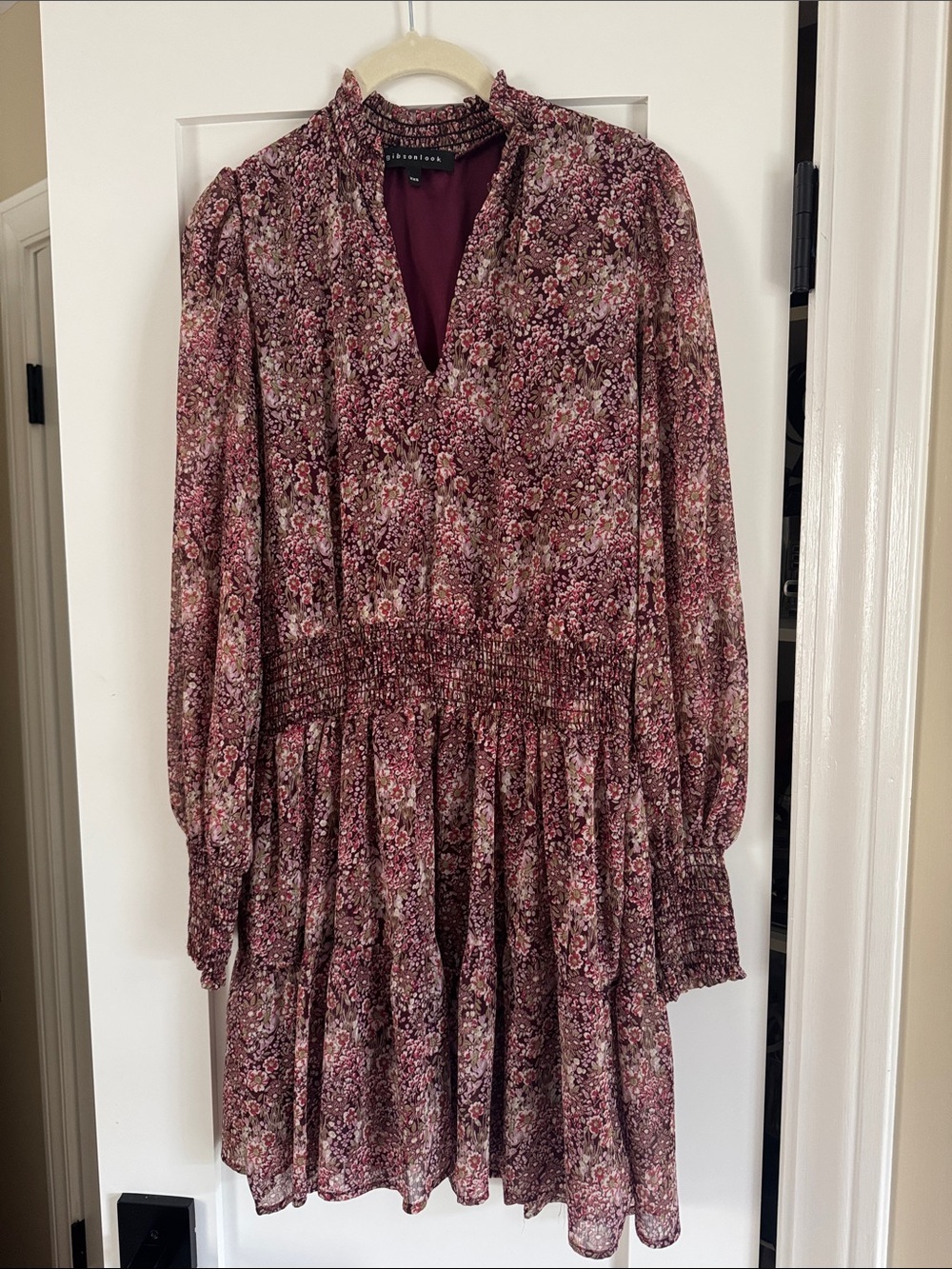 Gibsonlook Smocked Waist Long-Sleeve Floral Dress in Burgundy